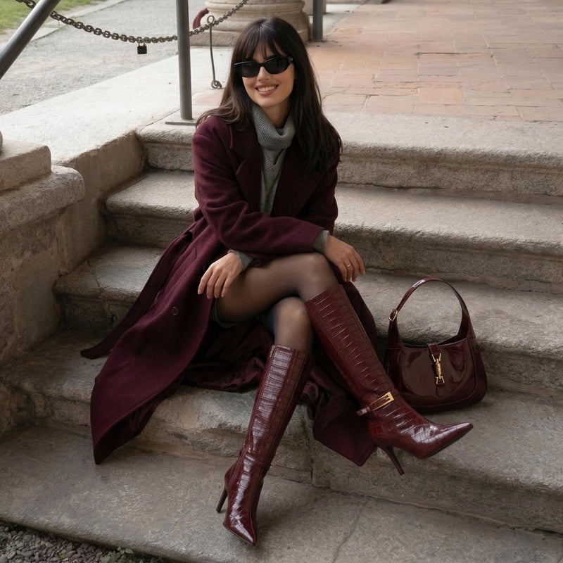 COMJUY Crocodile Burgundy Knee High Boots Women Stiletto High Heel 3.3in, Side Zipper Pointed Toe Metal Buckle Tall Boots Dress Boots for Women, Comfortable Faux Leather Below Knee Long Boots Size 9 - Image 3