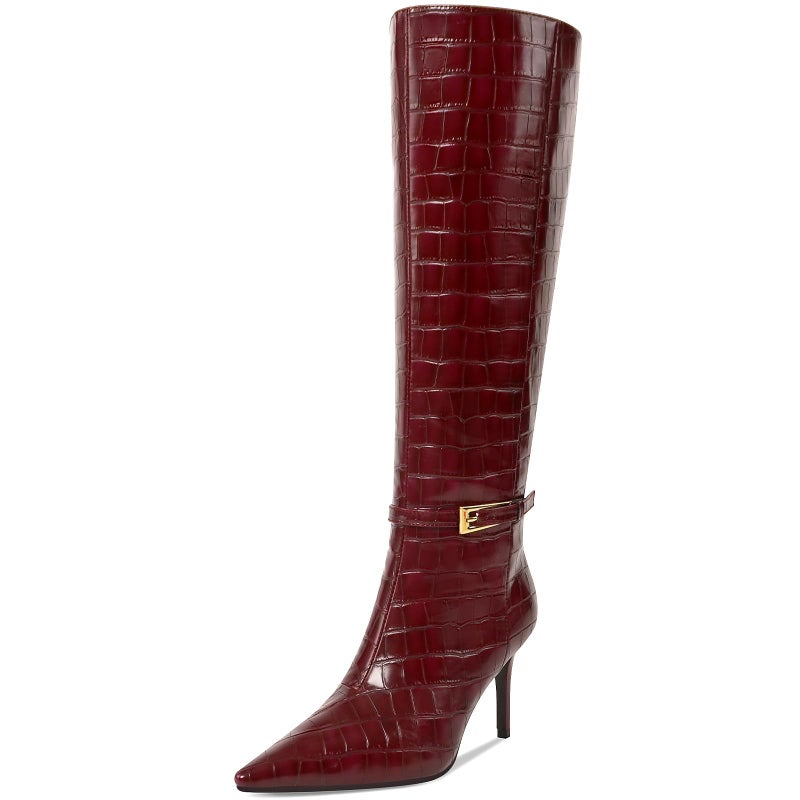 COMJUY Crocodile Burgundy Knee High Boots Women Stiletto High Heel 3.3in, Side Zipper Pointed Toe Metal Buckle Tall Boots Dress Boots for Women, Comfortable Faux Leather Below Knee Long Boots Size 9 - Image 1