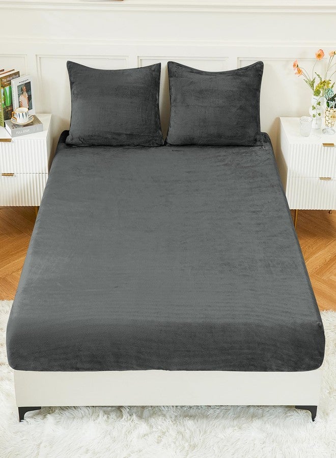 YIYEA Fleece Fitted Sheet Only, Ultra Soft Plush Velvet Deep Pocket Fitted Bottom Sheet for Fall Winter, Cozy Warmth and No Shedding, Dark Dray, Full - Image 2