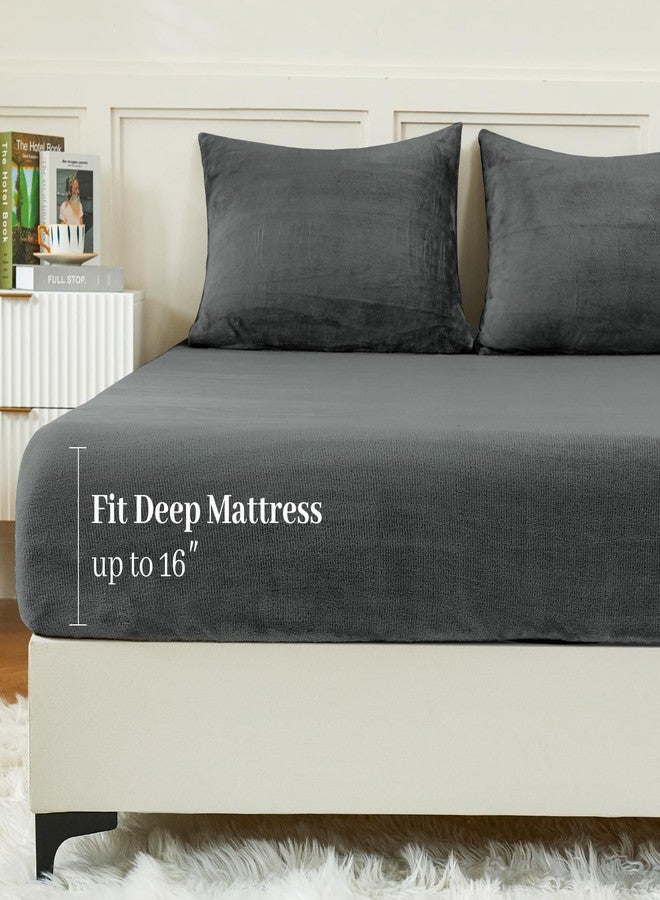 YIYEA Fleece Fitted Sheet Only, Ultra Soft Plush Velvet Deep Pocket Fitted Bottom Sheet for Fall Winter, Cozy Warmth and No Shedding, Dark Dray, Full - Image 1