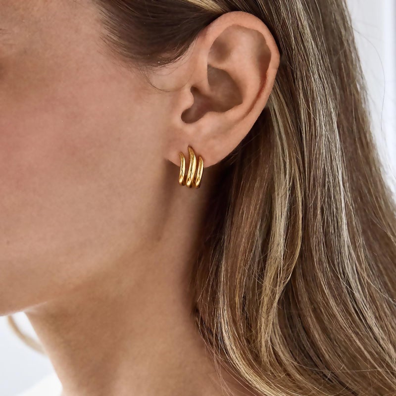 Obidos 14K Gold Plated Illusion Stud Earrings for Women | Triple Huggie Hoop Earrings for One Hole| Trendy Simple Hypoallergenic Fashion Accessories Gold Jewelry Gifts for Womens (Illusion Earrings-Yellow Gold) - Image 4