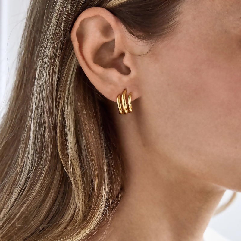 Obidos 14K Gold Plated Illusion Stud Earrings for Women | Triple Huggie Hoop Earrings for One Hole| Trendy Simple Hypoallergenic Fashion Accessories Gold Jewelry Gifts for Womens (Illusion Earrings-Yellow Gold) - Image 3