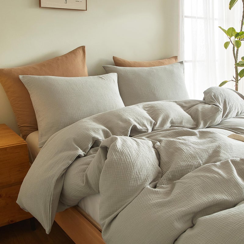 SE SOFTEXLY Muslin Duvet Cover King Size, 100% Washed Cotton Duvet Cover Set, Ultra Soft Comforter Cover Linen Like, 3 Pieces Minimalist Gauze Duvet Cover with 2 Pillowcases, 90"x104", Nature - Image 3