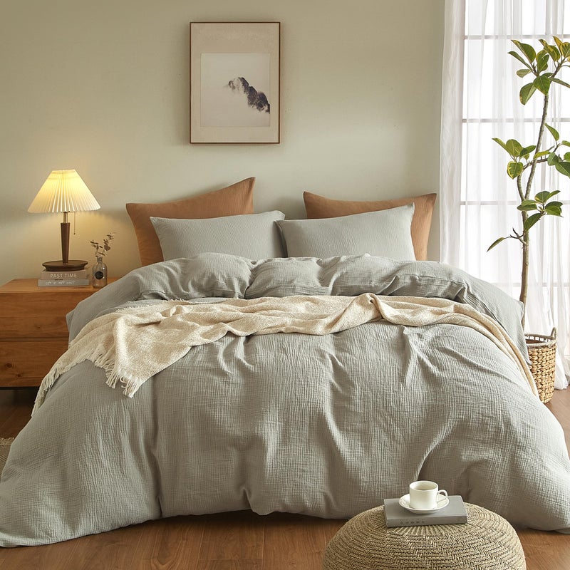 SE SOFTEXLY Muslin Duvet Cover King Size, 100% Washed Cotton Duvet Cover Set, Ultra Soft Comforter Cover Linen Like, 3 Pieces Minimalist Gauze Duvet Cover with 2 Pillowcases, 90"x104", Nature - Image 1