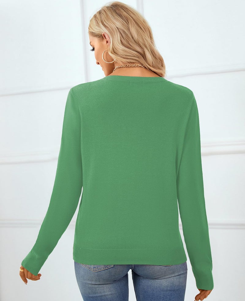 QUALFORT Women's 100% Cotton Crewneck Sweater, Basic Lightweight Long Sleeve Pullover Kelly Green Large - Image 2