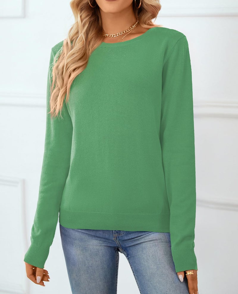 QUALFORT Women's 100% Cotton Crewneck Sweater, Basic Lightweight Long Sleeve Pullover Kelly Green Large - Image 4