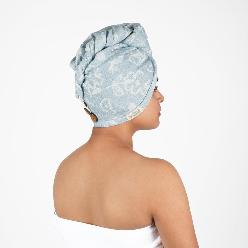 Doctor Towels Doctor Towels CottonBanana Yarn Hair TowelHair Wrap For Women 300 TC Towel For Long Short Hair AntiFrizz Shower Hair Towels With Button QuickDrying Hair Cap Blue Floral Towel Pack Of 1 - Image 2