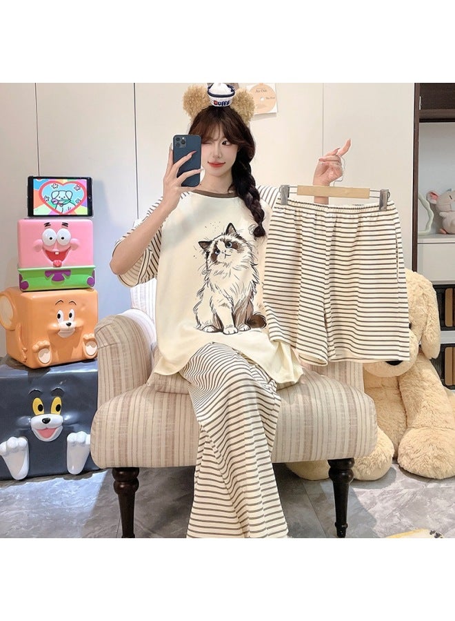 Sweet And Stylish Pure Cotton Girls' Pajamas For Spring And Summer, New Student Casual Loungewear Short-sleeve Long-pants Set