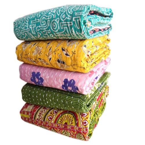 TEXTILLHUB Indian Tribal Kantha Quilt Vintage Handmade Blanket Patch Throw Hippie Bohemian Cotton Saree Made Kantha (1) - Image 1