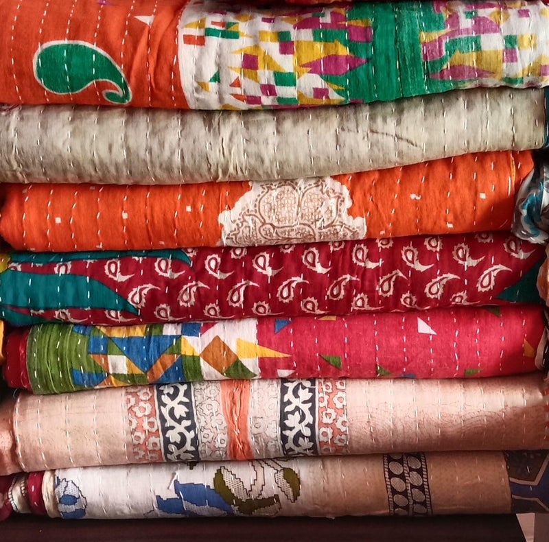 TEXTILLHUB Indian Tribal Kantha Quilt Vintage Handmade Blanket Patch Throw Hippie Bohemian Cotton Saree Made Kantha (1) - Image 4