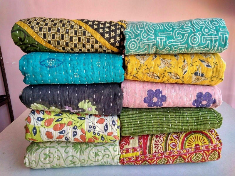 TEXTILLHUB Indian Tribal Kantha Quilt Vintage Handmade Blanket Patch Throw Hippie Bohemian Cotton Saree Made Kantha (1) - Image 2