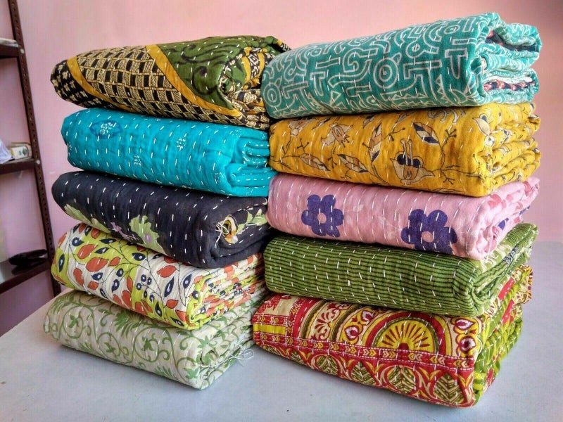 TEXTILLHUB Indian Tribal Kantha Quilt Vintage Handmade Blanket Patch Throw Hippie Bohemian Cotton Saree Made Kantha (1) - Image 3
