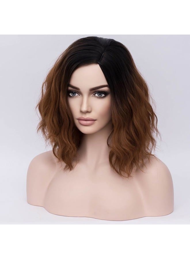 BERON Brown Ombre Wigs for Women Short Curly Bob Wavy Wig Girls Black and Brown Body Wave Shoulder Length Cosplay or Daily Wigs - Image 3