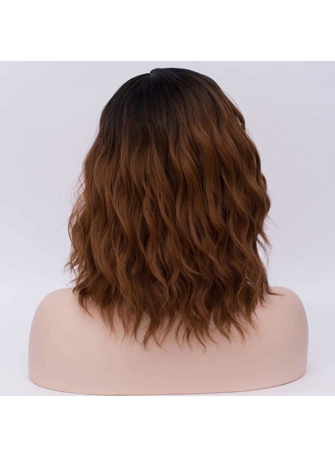 BERON Brown Ombre Wigs for Women Short Curly Bob Wavy Wig Girls Black and Brown Body Wave Shoulder Length Cosplay or Daily Wigs - Image 4