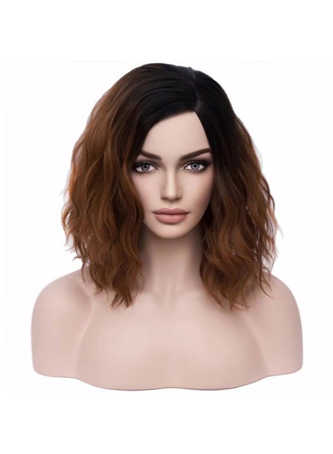 BERON Brown Ombre Wigs for Women Short Curly Bob Wavy Wig Girls Black and Brown Body Wave Shoulder Length Cosplay or Daily Wigs - Image 1