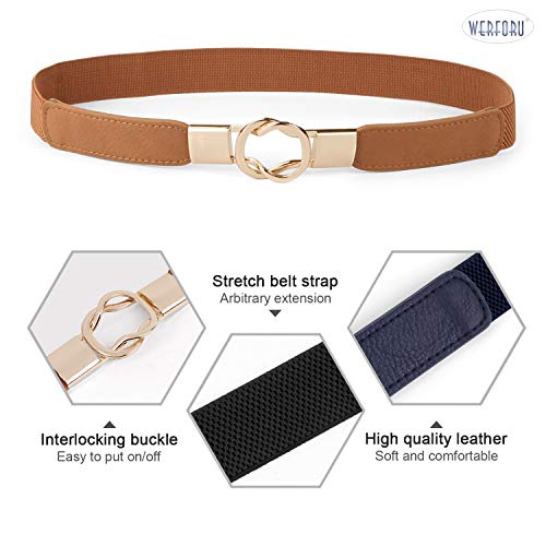 WERFORU Women Skinny Belt for Dresses Retro Stretch Waist Belt with Gold Buckle Set of 4,Black+Brown+Blue+Beige - Image 4