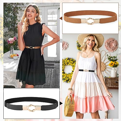 WERFORU Women Skinny Belt for Dresses Retro Stretch Waist Belt with Gold Buckle Set of 4,Black+Brown+Blue+Beige - Image 3
