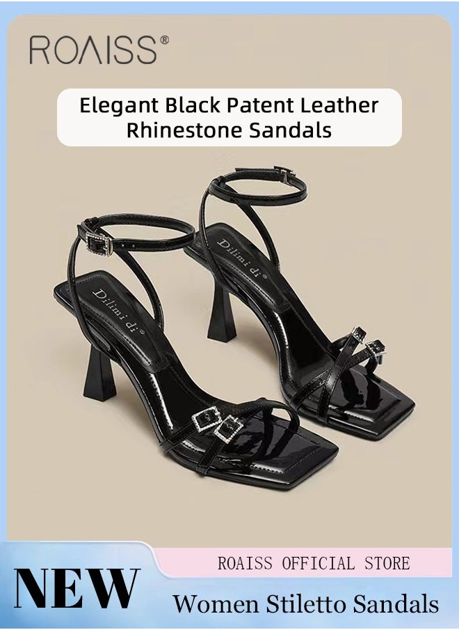 roaiss - Gorgeous Stiletto Sandals for Women High Heel Open Toe Temperament Heels Ladies Elegant Black Patent Leather Rhinestone Sandals with One-Line Design and Square Toe - Image 1