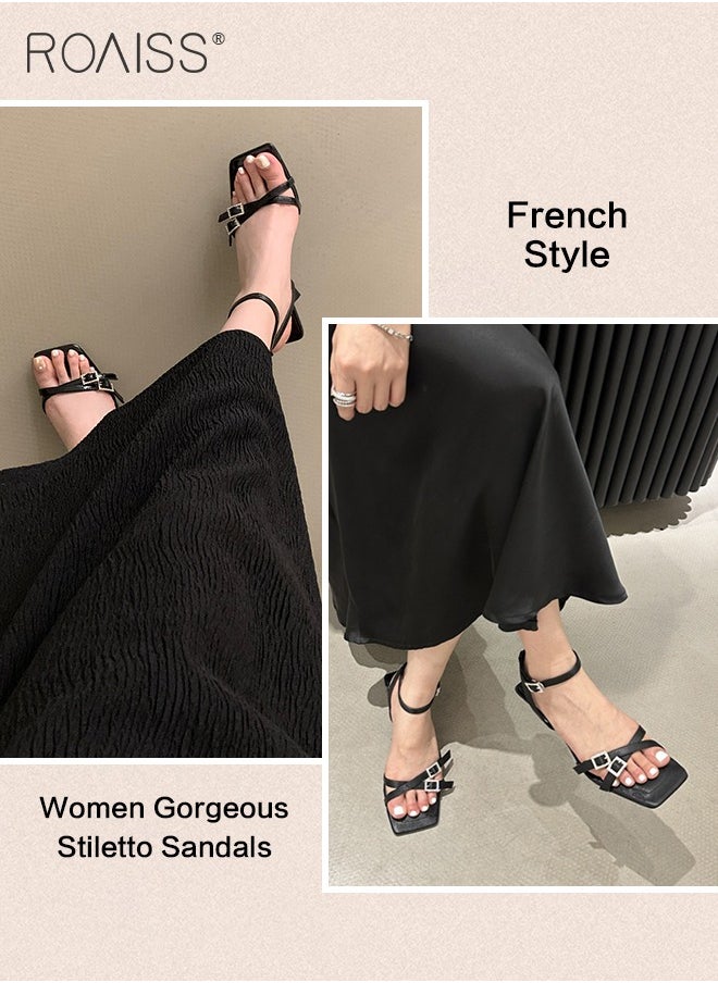roaiss - Gorgeous Stiletto Sandals for Women High Heel Open Toe Temperament Heels Ladies Elegant Black Patent Leather Rhinestone Sandals with One-Line Design and Square Toe - Image 1
