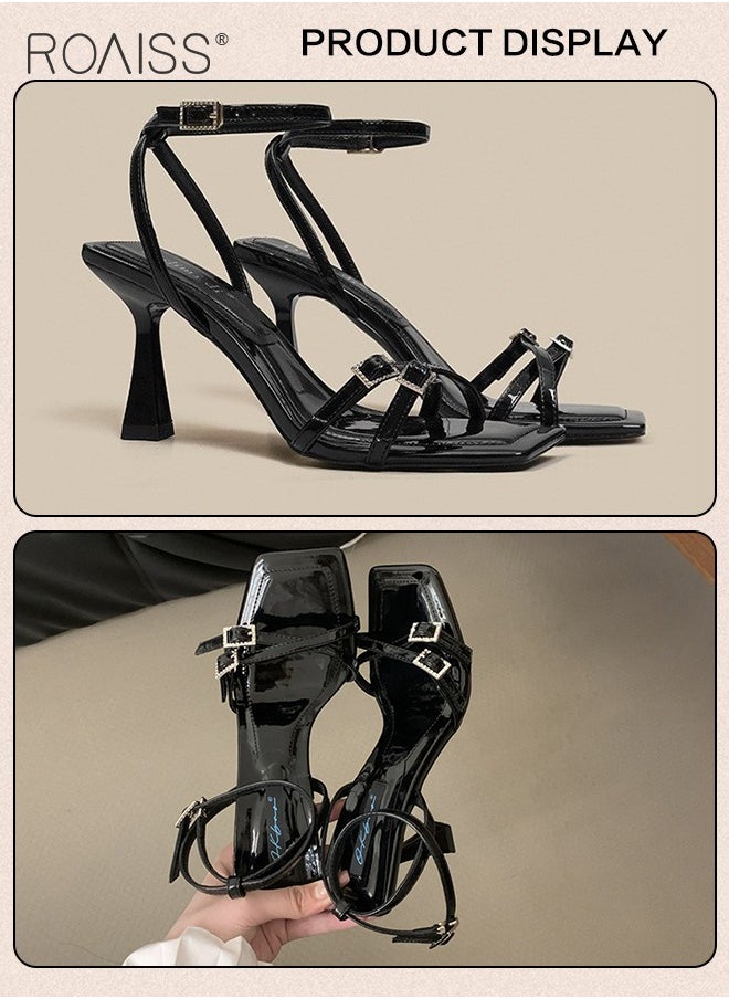 roaiss - Gorgeous Stiletto Sandals for Women High Heel Open Toe Temperament Heels Ladies Elegant Black Patent Leather Rhinestone Sandals with One-Line Design and Square Toe - Image 1