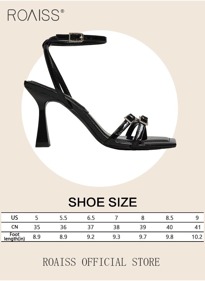 roaiss - Gorgeous Stiletto Sandals for Women High Heel Open Toe Temperament Heels Ladies Elegant Black Patent Leather Rhinestone Sandals with One-Line Design and Square Toe - Image 1