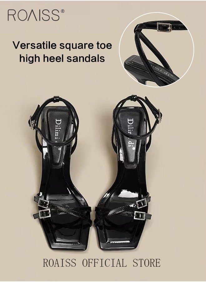 roaiss - Gorgeous Stiletto Sandals for Women High Heel Open Toe Temperament Heels Ladies Elegant Black Patent Leather Rhinestone Sandals with One-Line Design and Square Toe - Image 1