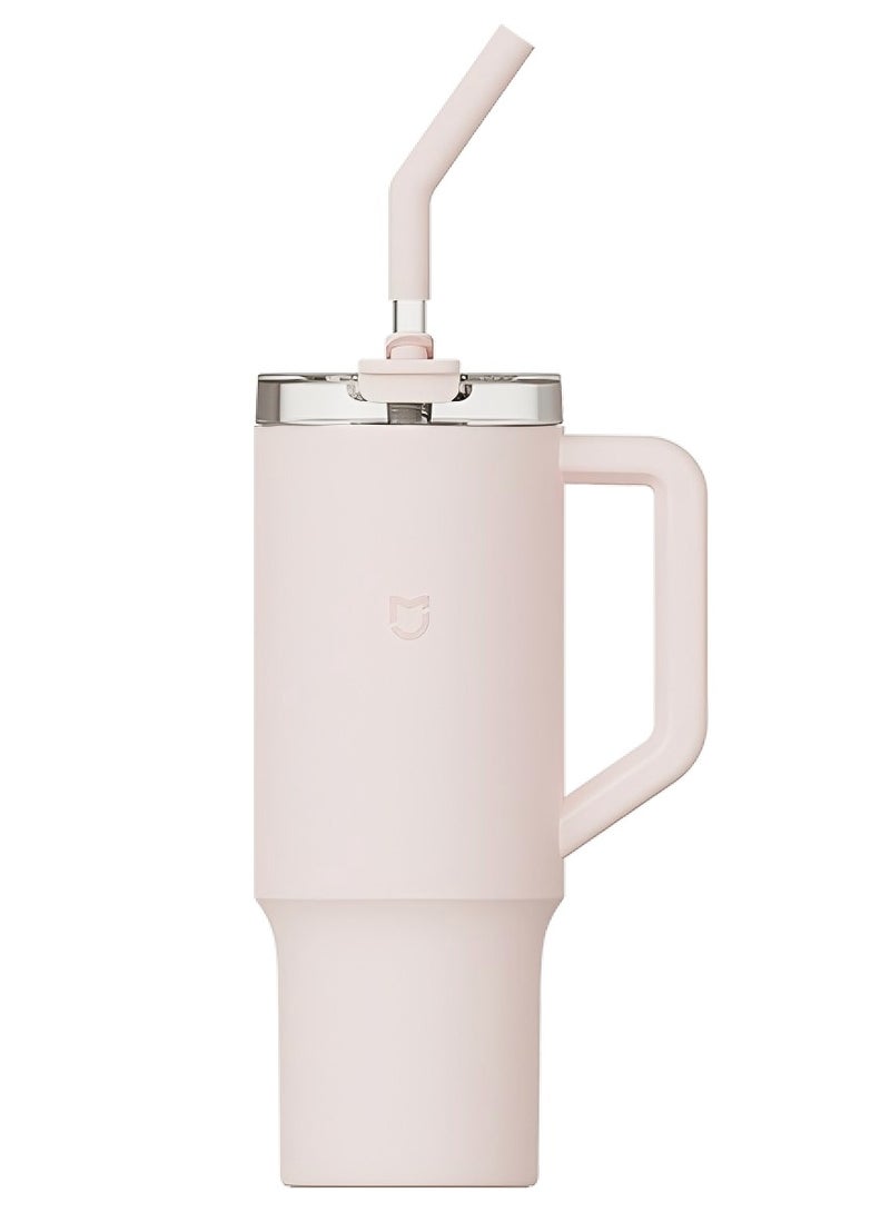 شاومي كوب كوب من القش، كوب ترمس من الفولاذ المقاوم للصدأ 316L مع مقبض سعة 1 لتر سعة كبيرة للسفر بالسيارة الرياضية- وردي - Image 1