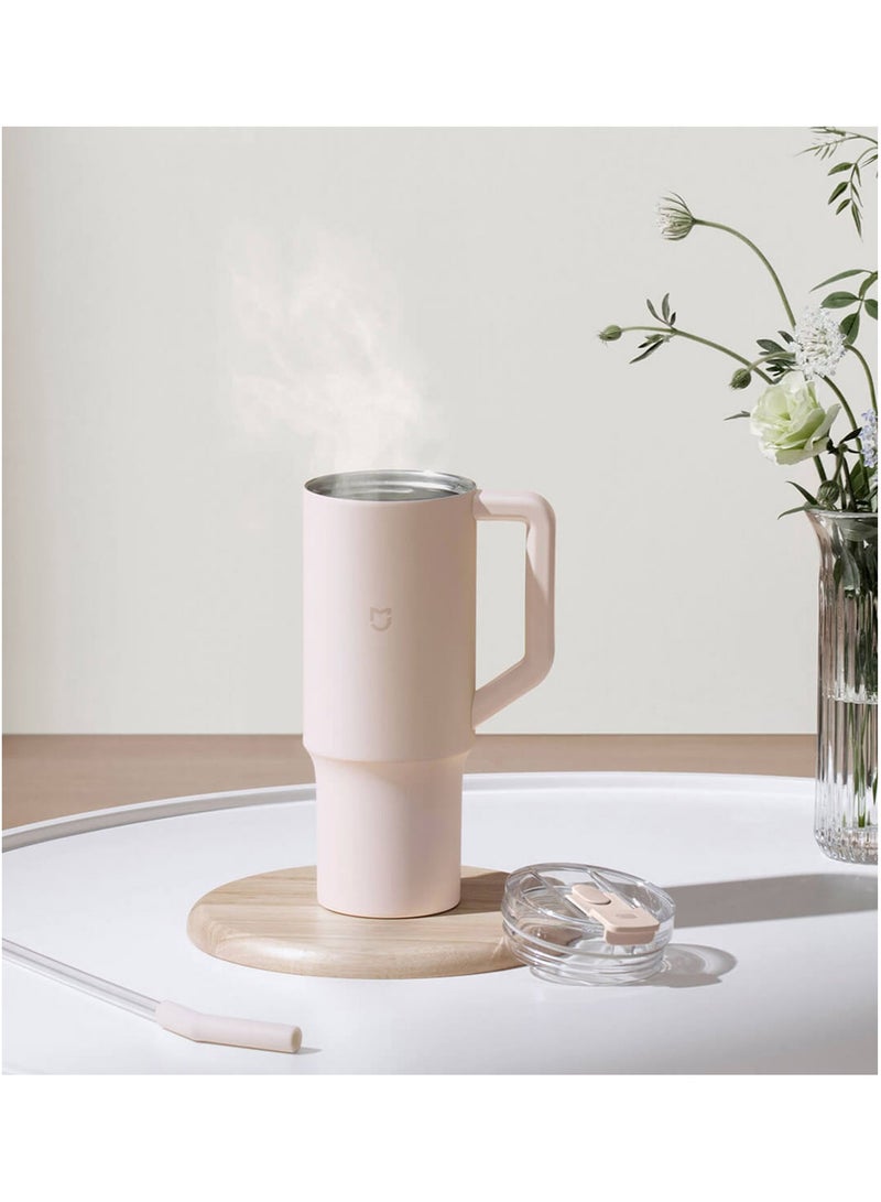 شاومي كوب كوب من القش، كوب ترمس من الفولاذ المقاوم للصدأ 316L مع مقبض سعة 1 لتر سعة كبيرة للسفر بالسيارة الرياضية- وردي - Image 2