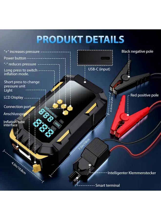 أصفر 2 في 1 محمول لسيارة بطارية قفزة بداية ومضخة هواء مع USB الشحن السريع ضوء LED - Image 2