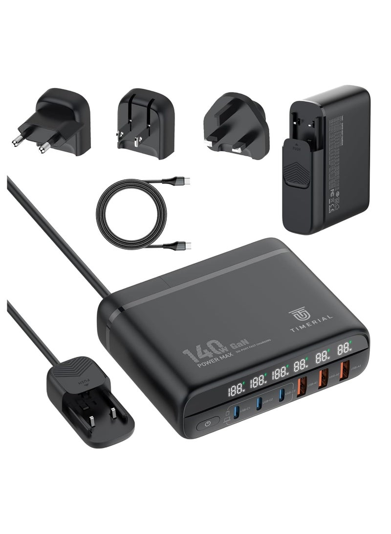 Terabyte 140W 6 Port GaN Desktop and Wall Charger UK/EU/US Plugs, 3 USB-C PD3.0, 3 USB - Image 1