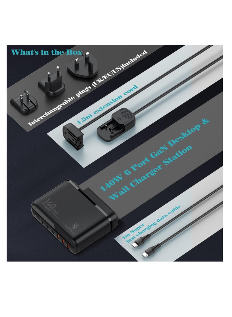 Terabyte 140W 6 Port GaN Desktop and Wall Charger UK/EU/US Plugs, 3 USB-C PD3.0, 3 USB - Image 2