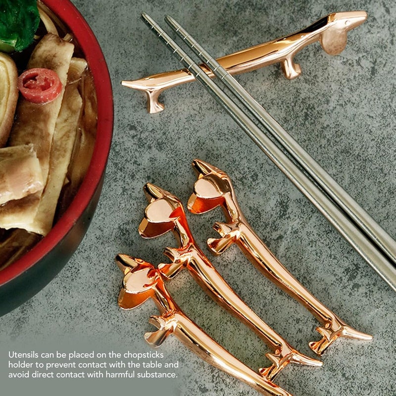 4 PCS Dachshund Chopstick Holder, Zinc Alloy Reusable Dinner Spoon Stand Chopstick Rack Stand For Tableware Brush Home Kitchen Table Decoration (Rose Gold Sausage Dog) - Image 2