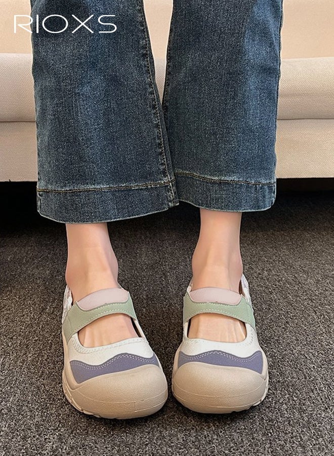 RIOXS Women's Fashion Sandals, Ugly Cute Casual Shoes with Classic Velcro, Wide Round Toe Lady's Canvas Walking Shoes, Comfy Lightweight Sneaker Sandals, Women's Comfort Shoes for Daily Wear, Non-slip Flat Sandals for Ladies, Stylish Woman Footwear for Indoor Outdoor Activities - Image 3