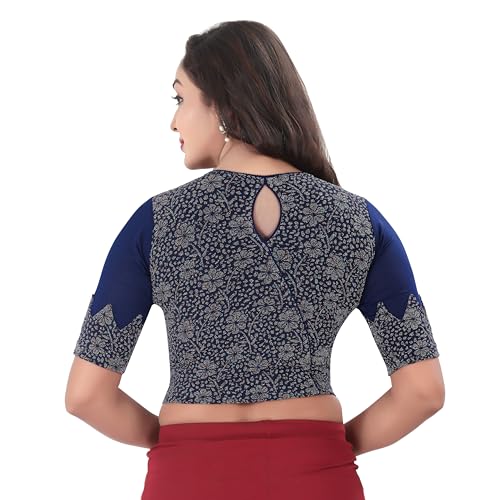 DESI GIRL - Round Neck Jacquard Regular Fit Saree Blouse for Women | Half Sleeve Readymade Stretchy Embroidered Design Festive Blouse Perfect for Saree, Lehenga, Kurti | Navy Blue - 36 - Image 3