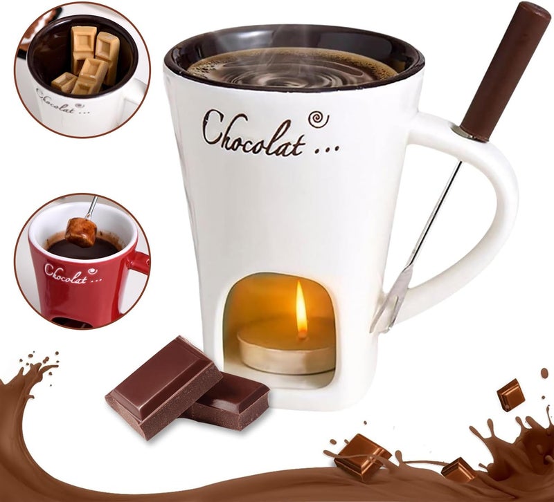 ploreatu Chocolate Fondue Mugs Contain Fondue Bliss Cup & Forks, Chocolate Melting Cup, Mini Chocolate Fondue Set Without Tealights, Fondue Cups With Forks For Date Night Birthday Wedding Gifts (White) - Image 1