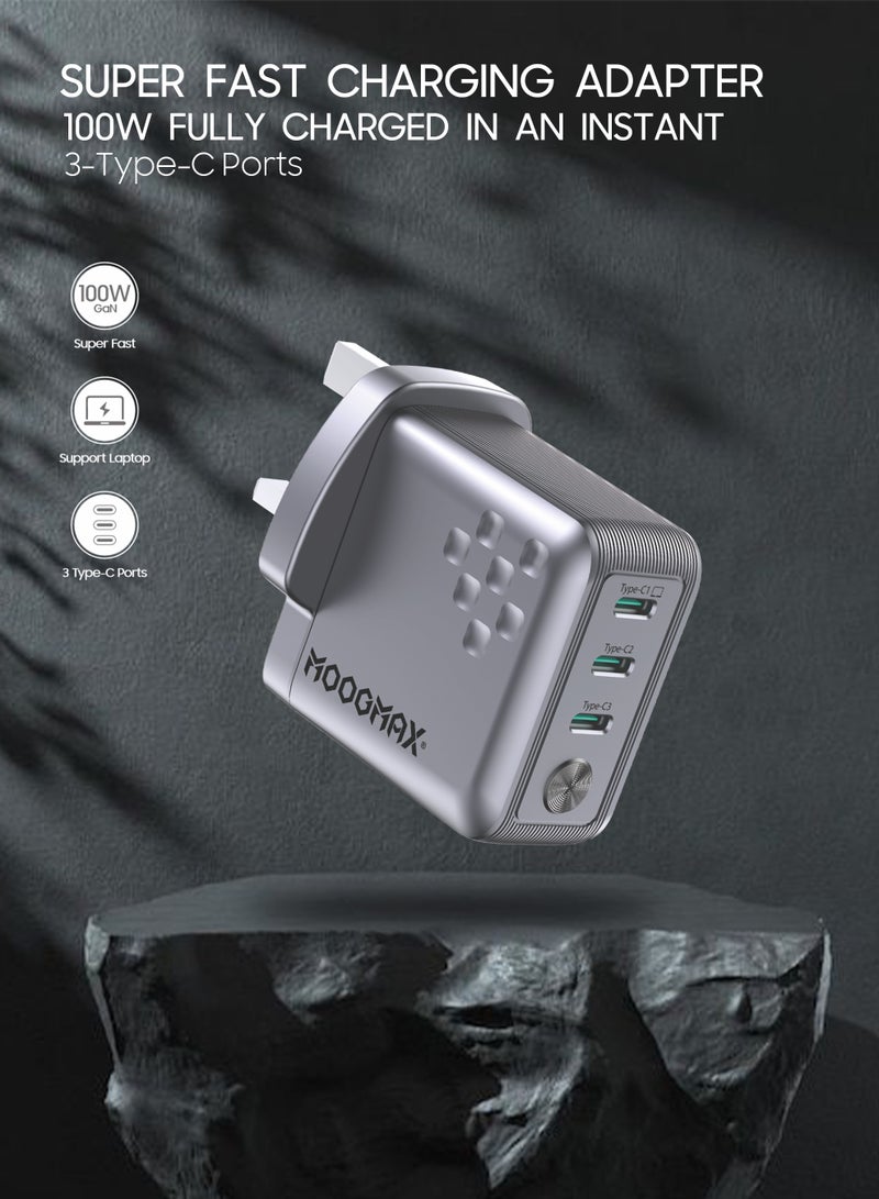 موجماكس راس شاحن تايب سي بثلاث مخارج تايب سي. فيش تايب سي بتقنية GaN لتحسين الأداء وخفض الحرارة. شاحن لابتوب سريع بقوة 100 واط. شاحن جداري بحجم صغير ومناسب لسفر. شاحن ايفون، ماك بوك، سامسونج، هواوي، لابتوب وعدة أجهزة أخرى. شاحن سريع لثلاث أجهزة في نفس الوقت. - Image 2