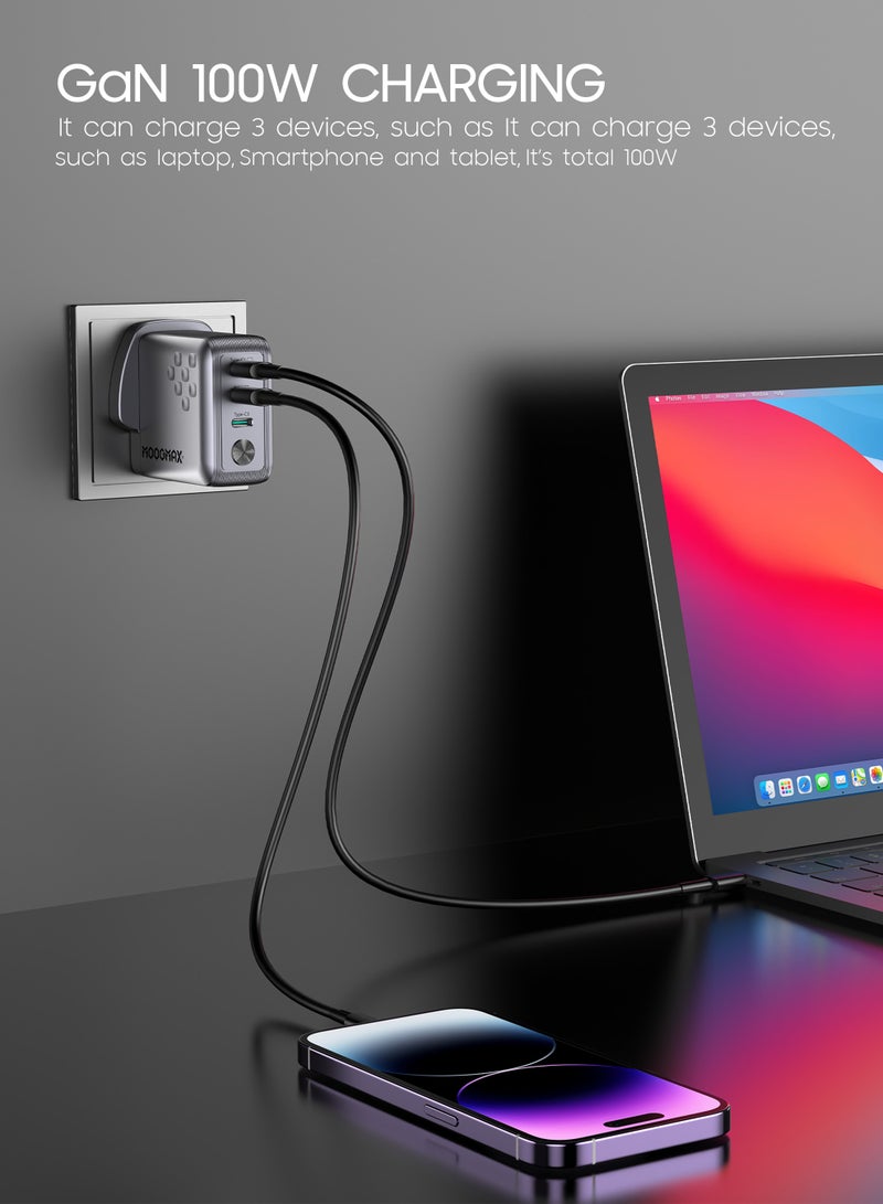 موجماكس راس شاحن تايب سي بثلاث مخارج تايب سي. فيش تايب سي بتقنية GaN لتحسين الأداء وخفض الحرارة. شاحن لابتوب سريع بقوة 100 واط. شاحن جداري بحجم صغير ومناسب لسفر. شاحن ايفون، ماك بوك، سامسونج، هواوي، لابتوب وعدة أجهزة أخرى. شاحن سريع لثلاث أجهزة في نفس الوقت. - Image 3