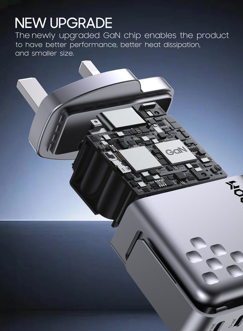 موجماكس راس شاحن تايب سي بثلاث مخارج تايب سي. فيش تايب سي بتقنية GaN لتحسين الأداء وخفض الحرارة. شاحن لابتوب سريع بقوة 100 واط. شاحن جداري بحجم صغير ومناسب لسفر. شاحن ايفون، ماك بوك، سامسونج، هواوي، لابتوب وعدة أجهزة أخرى. شاحن سريع لثلاث أجهزة في نفس الوقت. - Image 4