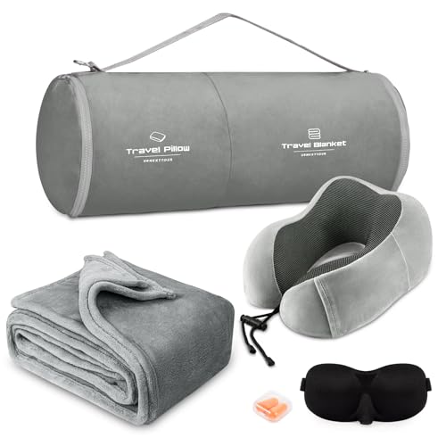 urnexttour Travel Pillow and Blanket Set Neck Pillows Travel Essentials with Sleep Mask for Airplane Car Memory Foam Grey - Image 1