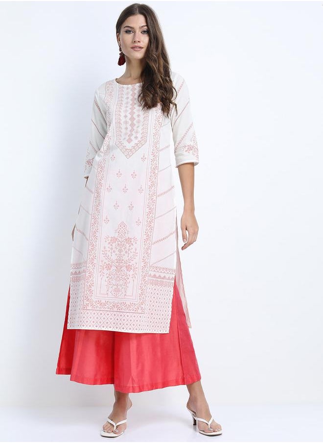 Vishudh Women Cream-Coloured Striped Thread Work Kurta by Styli  - Image 2