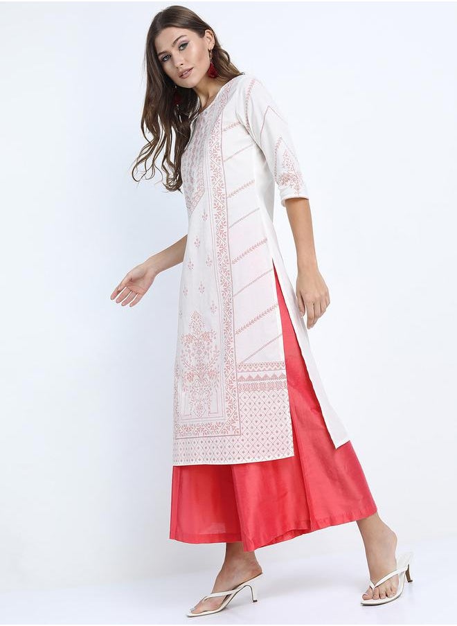 Vishudh Women Cream-Coloured Striped Thread Work Kurta by Styli  - Image 1