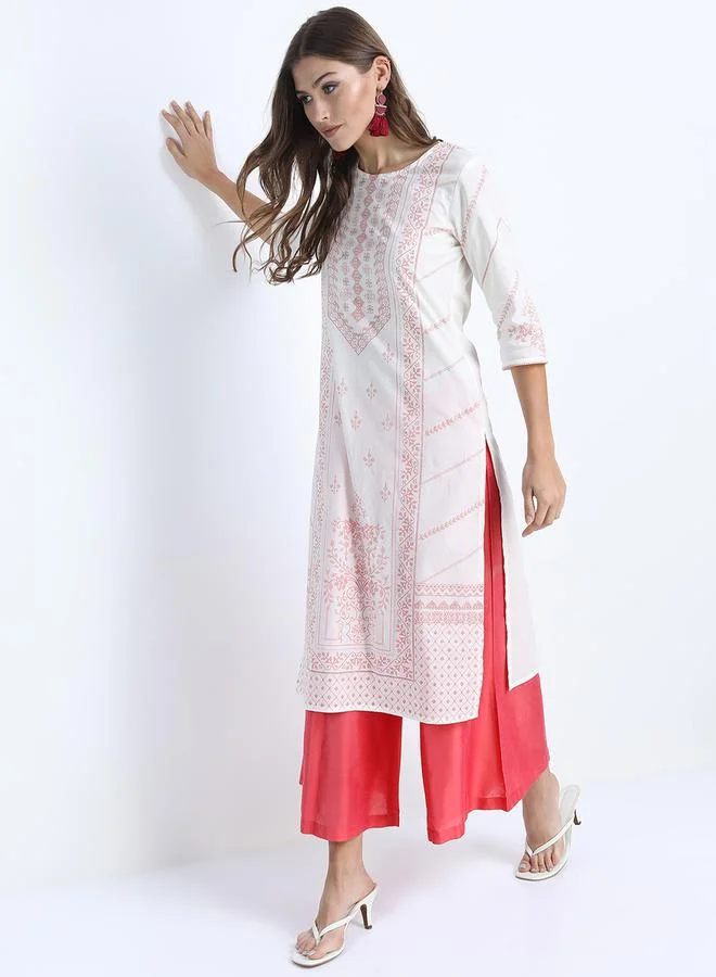 Vishudh Women Cream-Coloured Striped Thread Work Kurta by Styli
