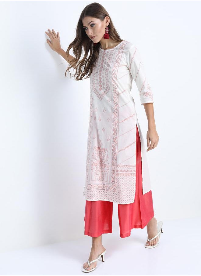 Vishudh Women Cream-Coloured Striped Thread Work Kurta by Styli  - Image 5
