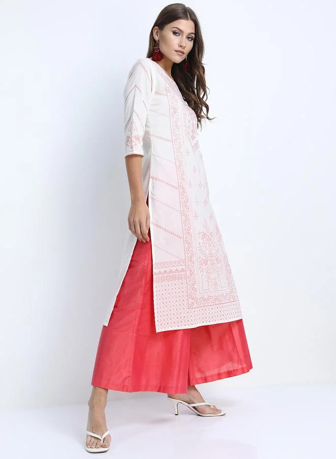 Vishudh Women Cream-Coloured Striped Thread Work Kurta by Styli