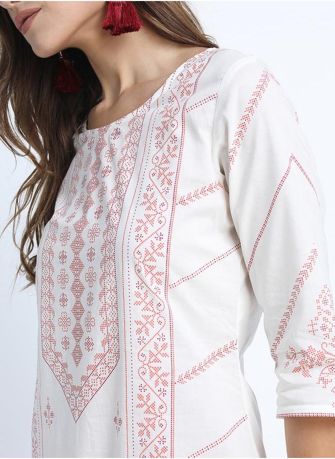 Vishudh Women Cream-Coloured Striped Thread Work Kurta by Styli  - Image 4