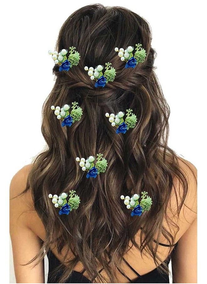 Hair Flare - Women Attractive Artificial Small Rose Flower With Mongra Bridal Wedding Hair Accessories/Hair Pins/Juda Pins For Women And Girls 2231 Blue - Image 1