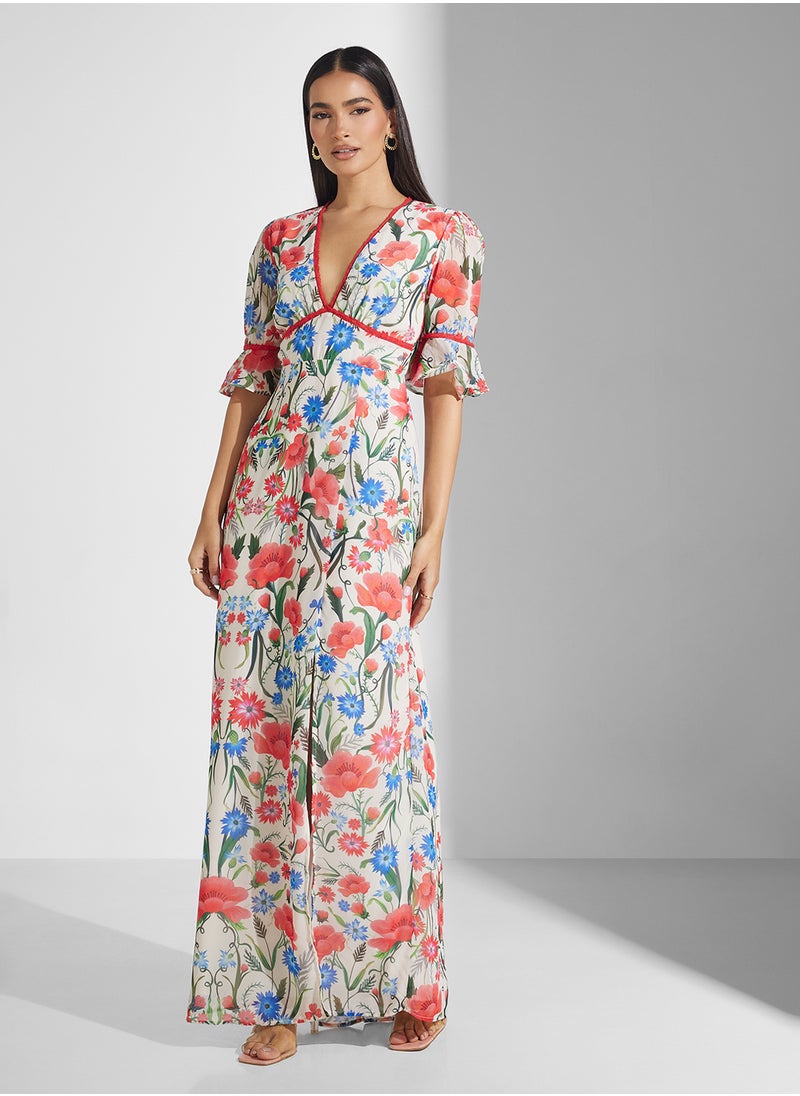 Hope & Ivy - Frill Sleeve Maxi Dress With Thigh Split - Image 1