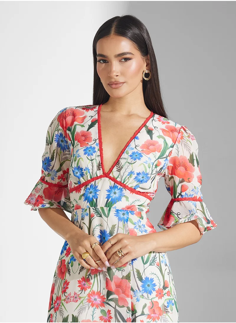 Hope & Ivy Frill Sleeve Maxi Dress With Thigh Split