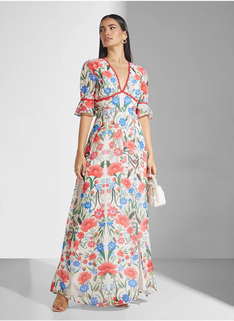 Hope & Ivy Frill Sleeve Maxi Dress With Thigh Split