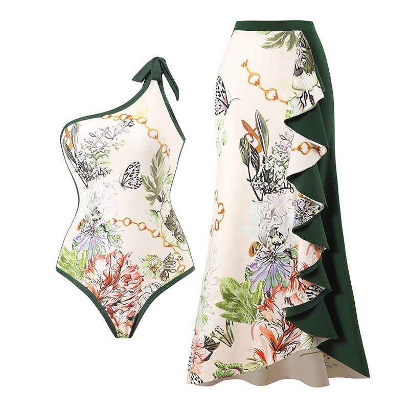 2026 Printed One-Shoulder Swimsuit Long Skirt Bikini Wave French Tight-Fitting Two-Piece Swimsuit - Image 2